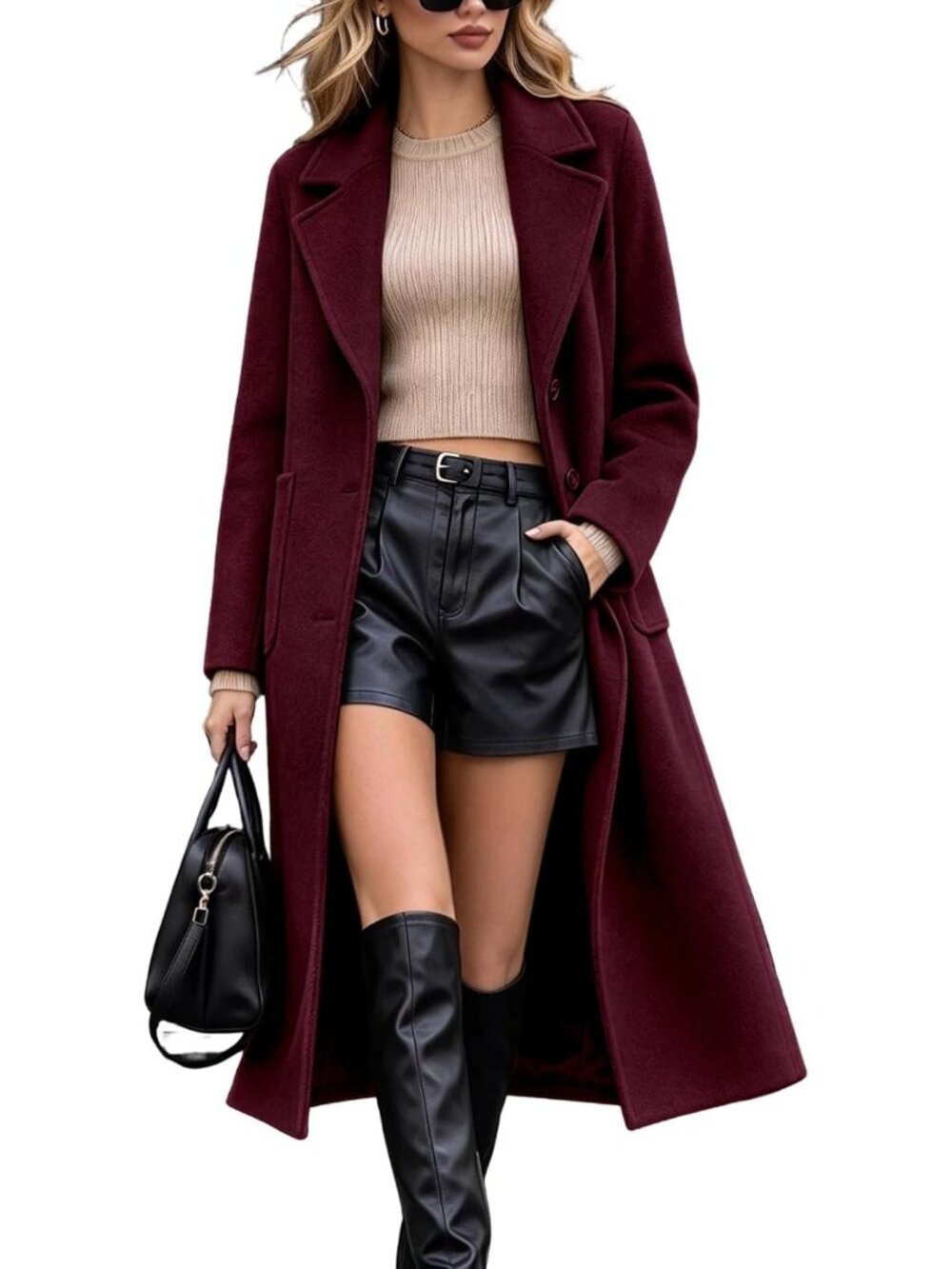 Women Wine Red Notch Collar Long Sleeve Single Breasted Wool Blend Trench Coat